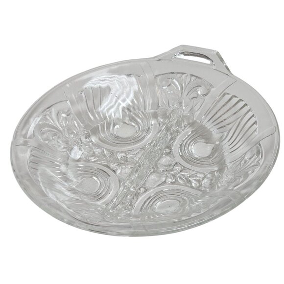Vintage Clear Pressed Glass Divided Relish Dish With Ornate Design & Handle - Picture 1 of 5